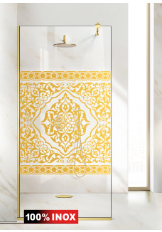 Paravan Cabina de dus Walk-in, (5669), sticla clara decorata, 8mm, AQUA ROY GOLD model:DOHA ORIZIONTAL , feronerie AURIU, tratat anticalcar